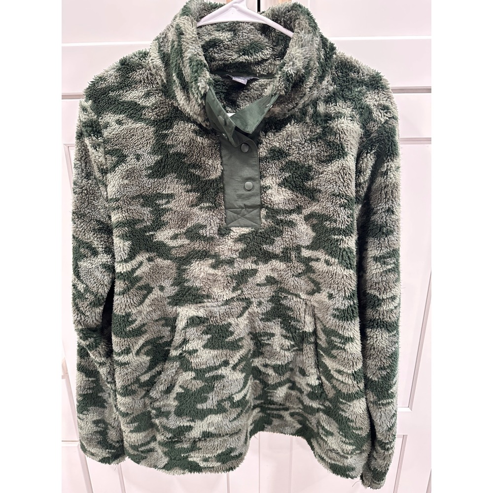 Eddie Bauer Camo Fleece Pullover Mock Neck Snap‎ Collar Sweatshirt Women's L